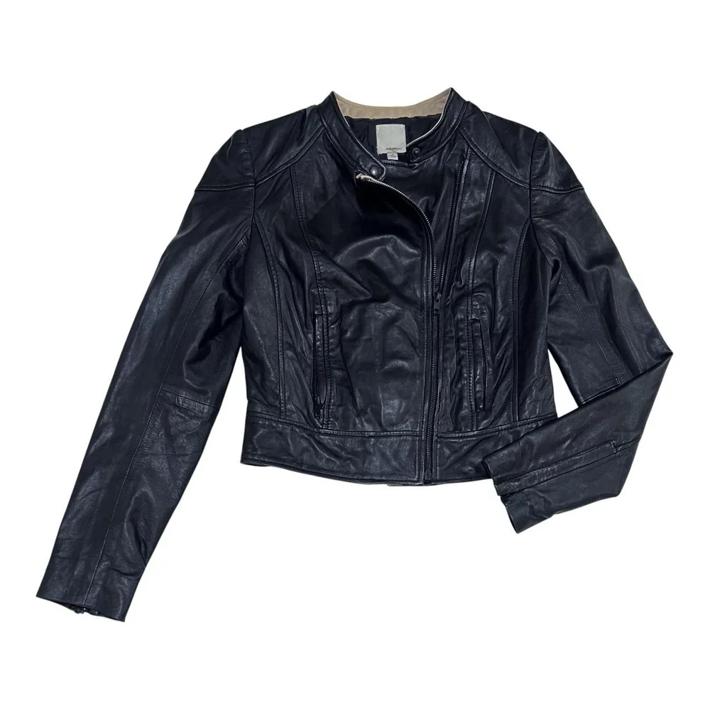 HALOGEN‎ Black Soft Leather Moto Jacket Cropped Fit Womens Small RETAIL $378